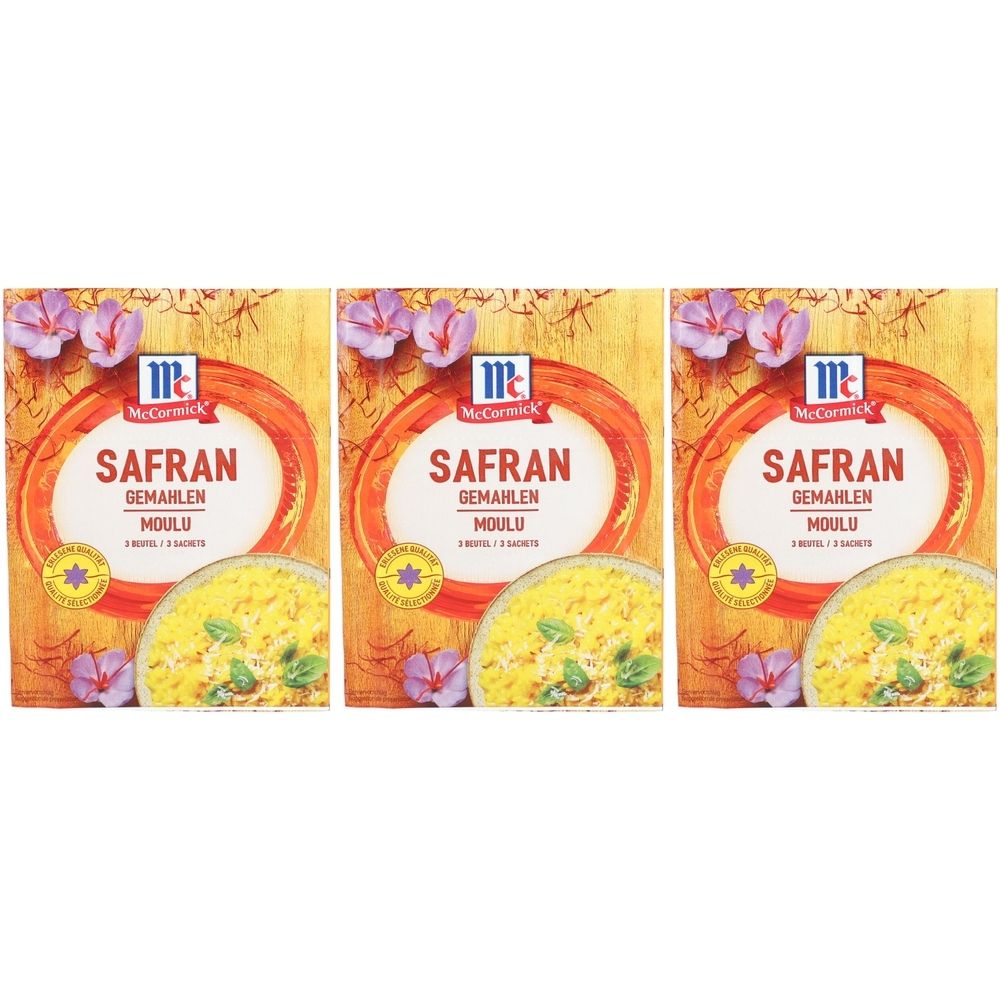 Drei Packungen Safran gemahlen. Jede Packung zeigt das McCormick-Logo und den Schriftzug "SAFRAN GEMAHLEN MOULU".