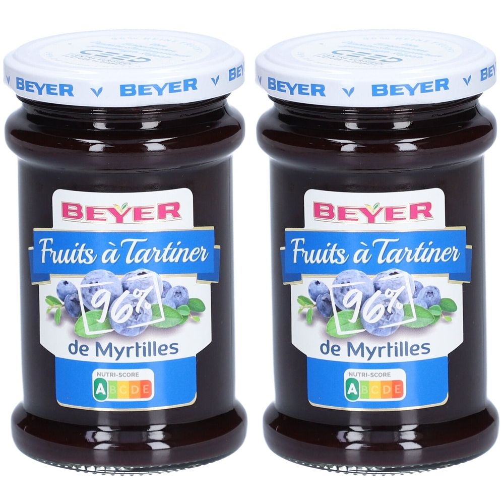 Zwei Gläser Fruchtaufstrich. Aufschrift: BEYER, Fruits à Tartiner, 96% de Myrtilles. Mit Nutri-Score-Kennzeichnung.