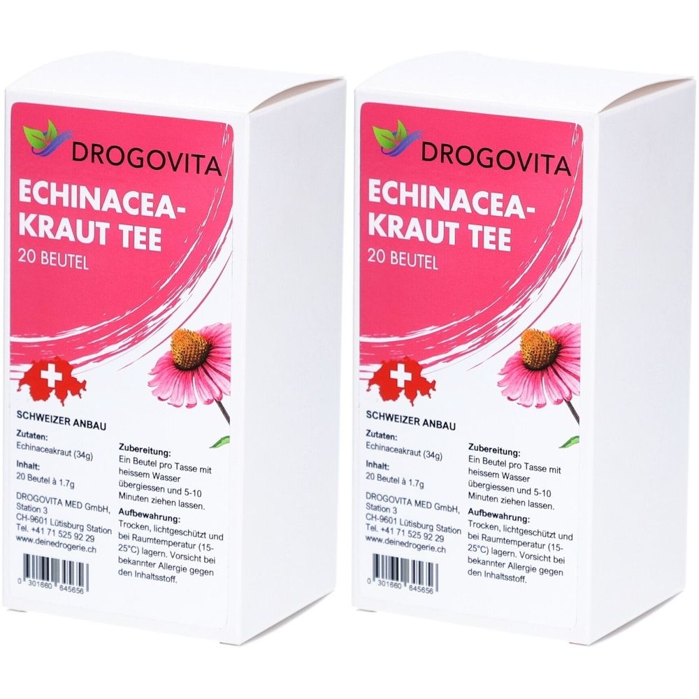 Zwei weiße Kartons mit rosa Etiketten. Aufschrift: DROGOVITA, Echinacea-Kraut Tee, 20 Beutel. Schweizer Anbau. Abbildung einer Blüte.