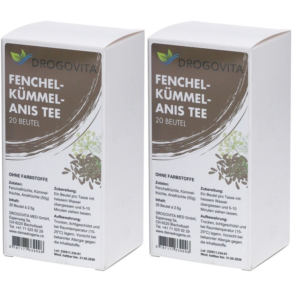 Zwei weiße Kartons mit Aufschrift DROGOVITA Fenchel-Kümmel-Anis Tee. 20 Beutel. Braune und grüne Elemente.