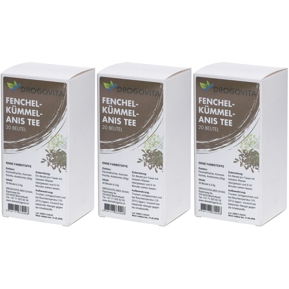 Drei weiße Kartons mit Aufdruck. Aufschrift: Fenchel-Kümmel-Anis Tee, 20 Beutel. Marke: DROGOVITA.