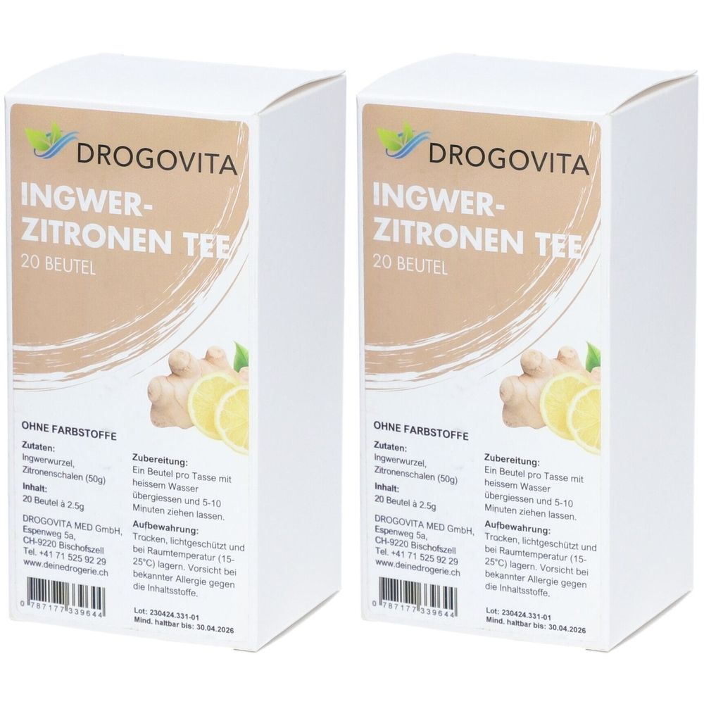 Zwei weiße Kartons mit Aufdruck. Text: INGWER-ZITRONEN TEE, 20 BEUTEL. Logo: DROGOVITA. Abbildung: Ingwer und Zitrone.