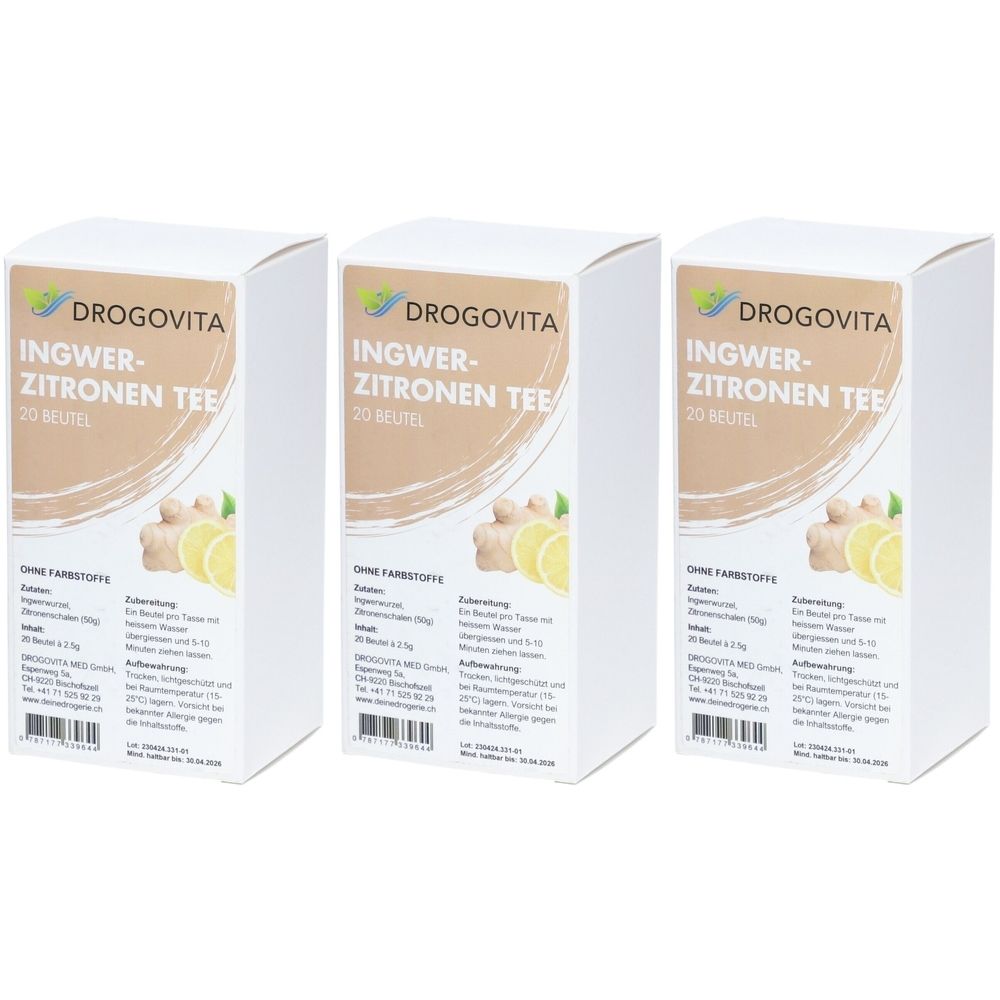 Drei weiße Kartons mit Produktinformationen. Aufdruck: DROGOVITA Ingwer-Zitronen Tee, 20 Beutel. Abbildung von Ingwer und Zitrone.