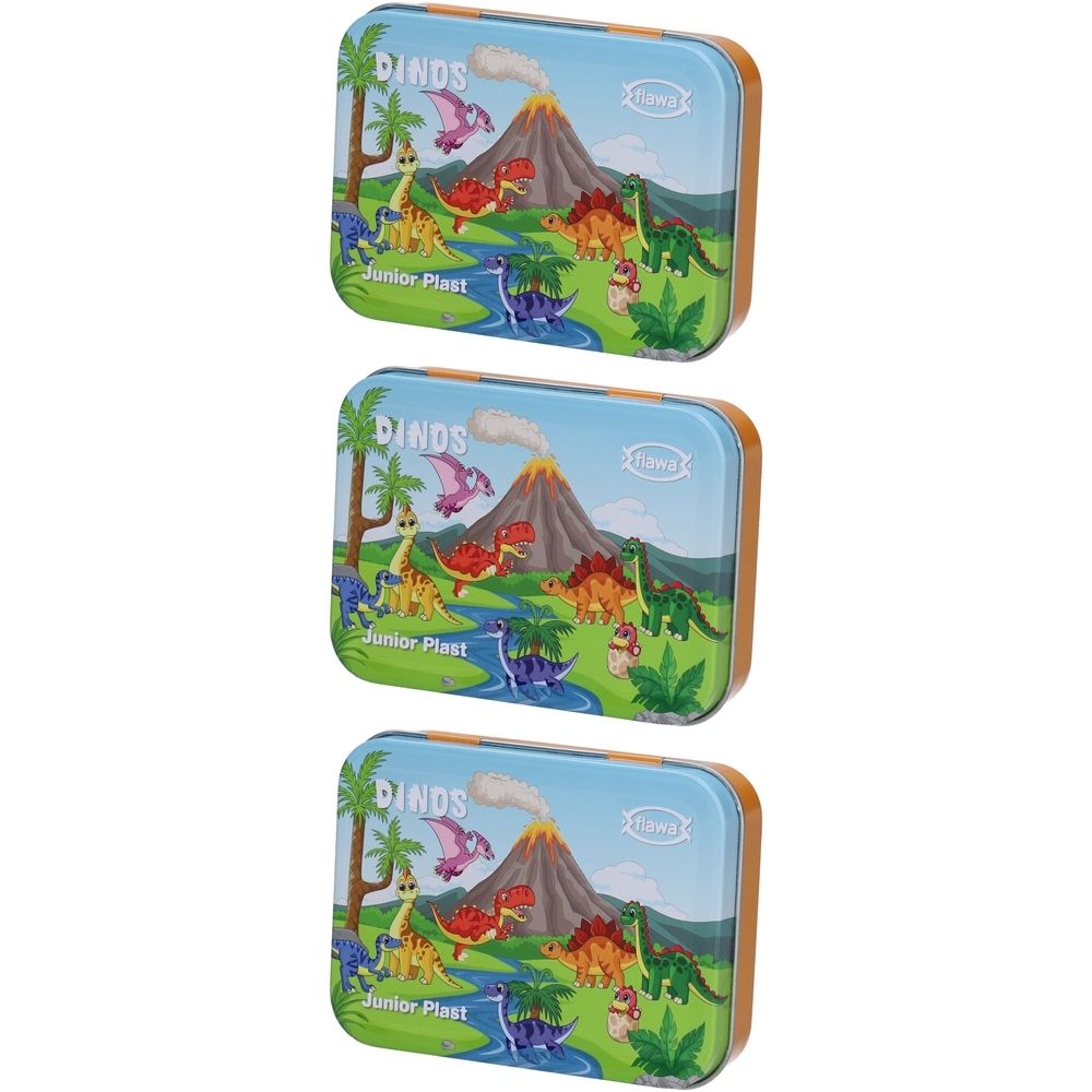 Trois boîtes métalliques rectangulaires avec des dinosaures. Inscription : Junior Plast, flawa®. Couvercles avec volcan, palmiers et dinosaures.