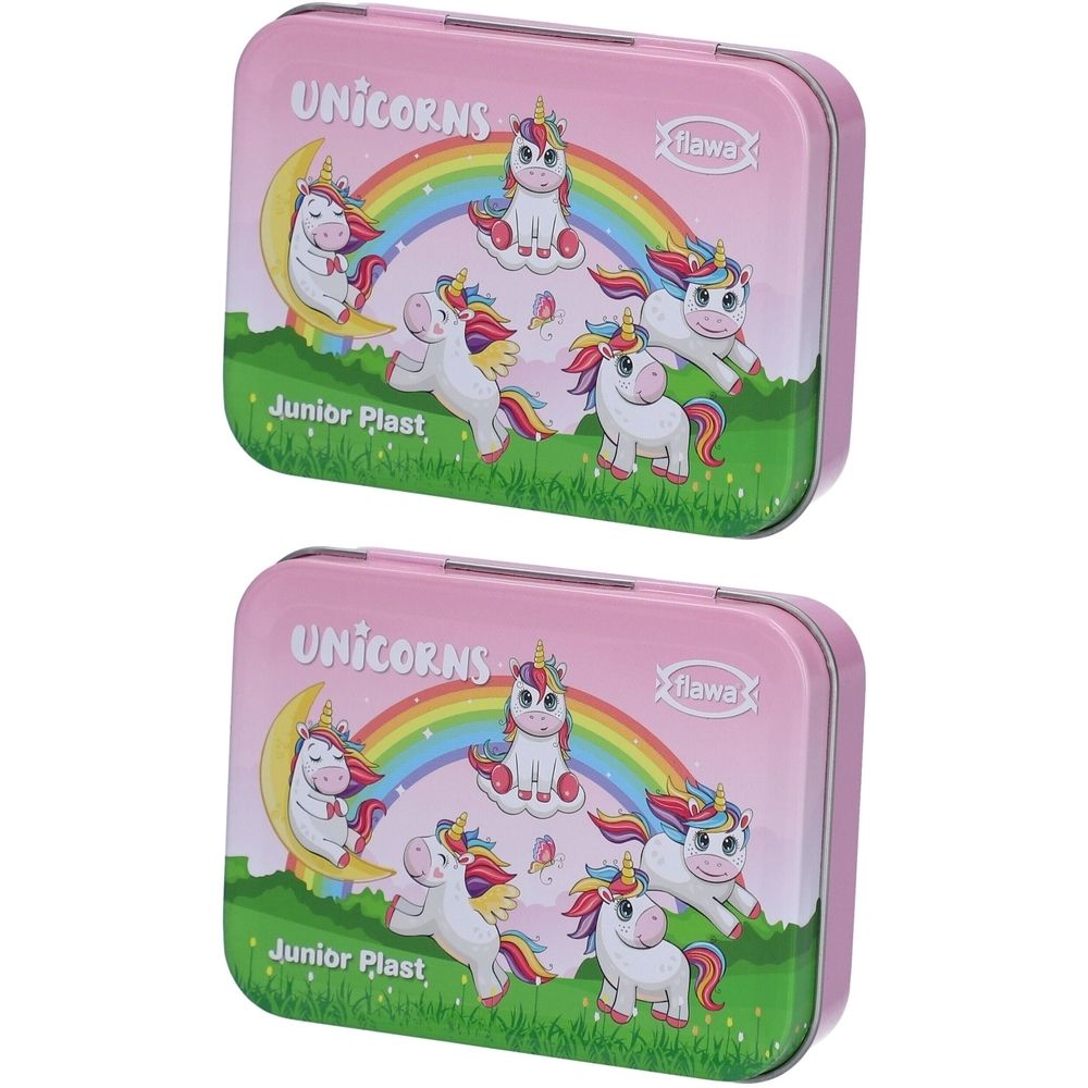 Deux boîtes métalliques rectangulaires avec des motifs de licornes. Couvercles roses avec arc-en-ciel, licornes et inscription "Unicorns". Marque "flawa".