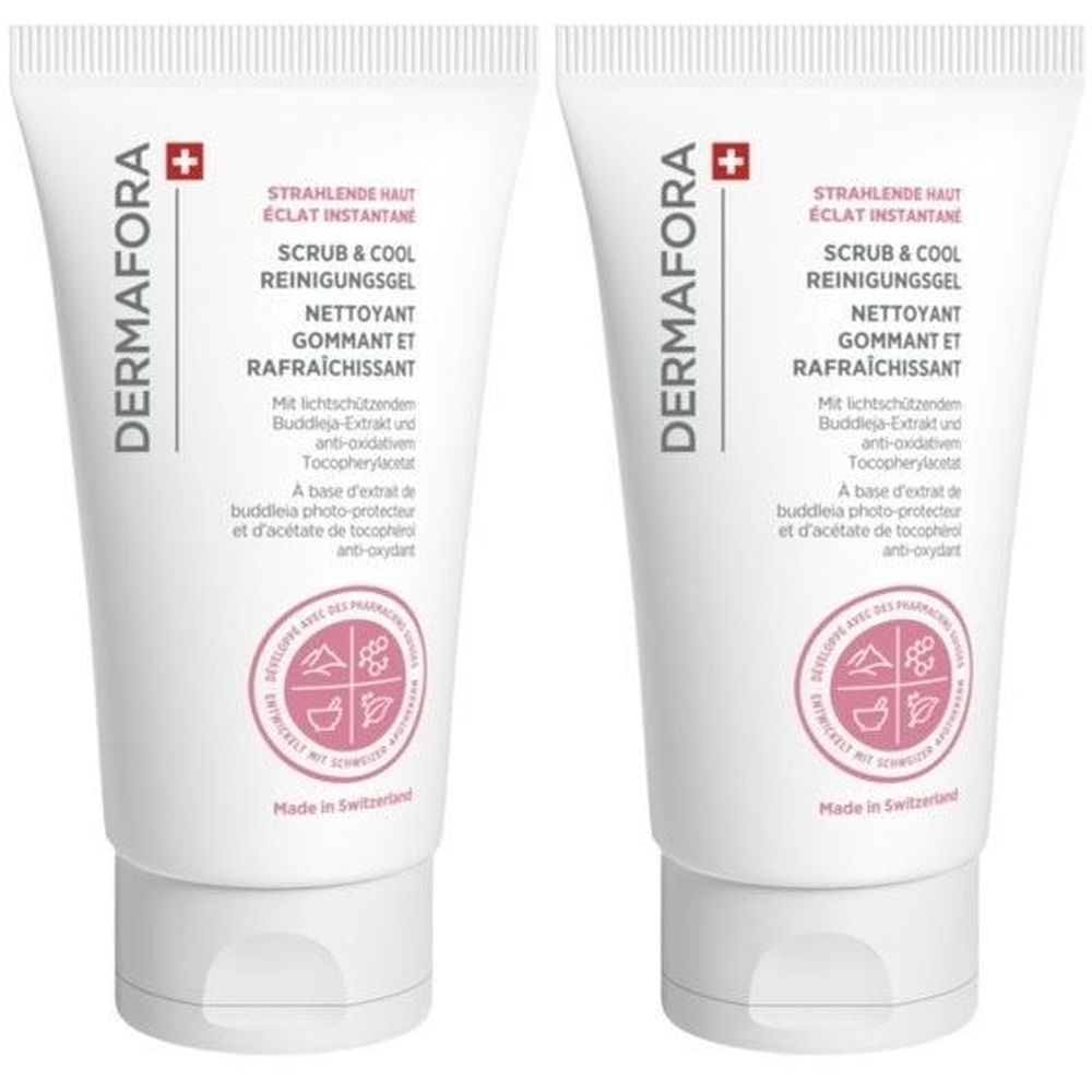 Deux tubes blancs avec des accents roses. Inscription: DERMAFORA, Scrub & Cool Reinigungsgel. Fabriqué en Suisse.