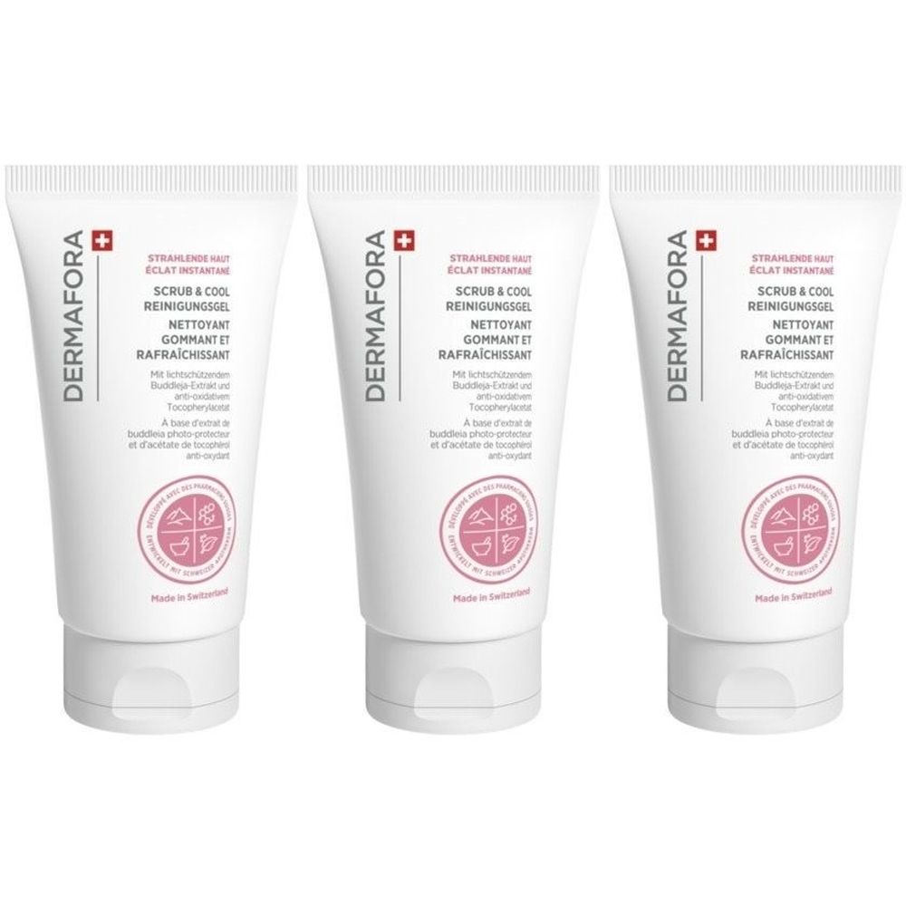Trois tubes de gel nettoyant DERMAFORA. Tubes blancs avec logo et texte roses. Croix suisse. Inscription : SCRUB & COOL REINIGUNGSGEL.