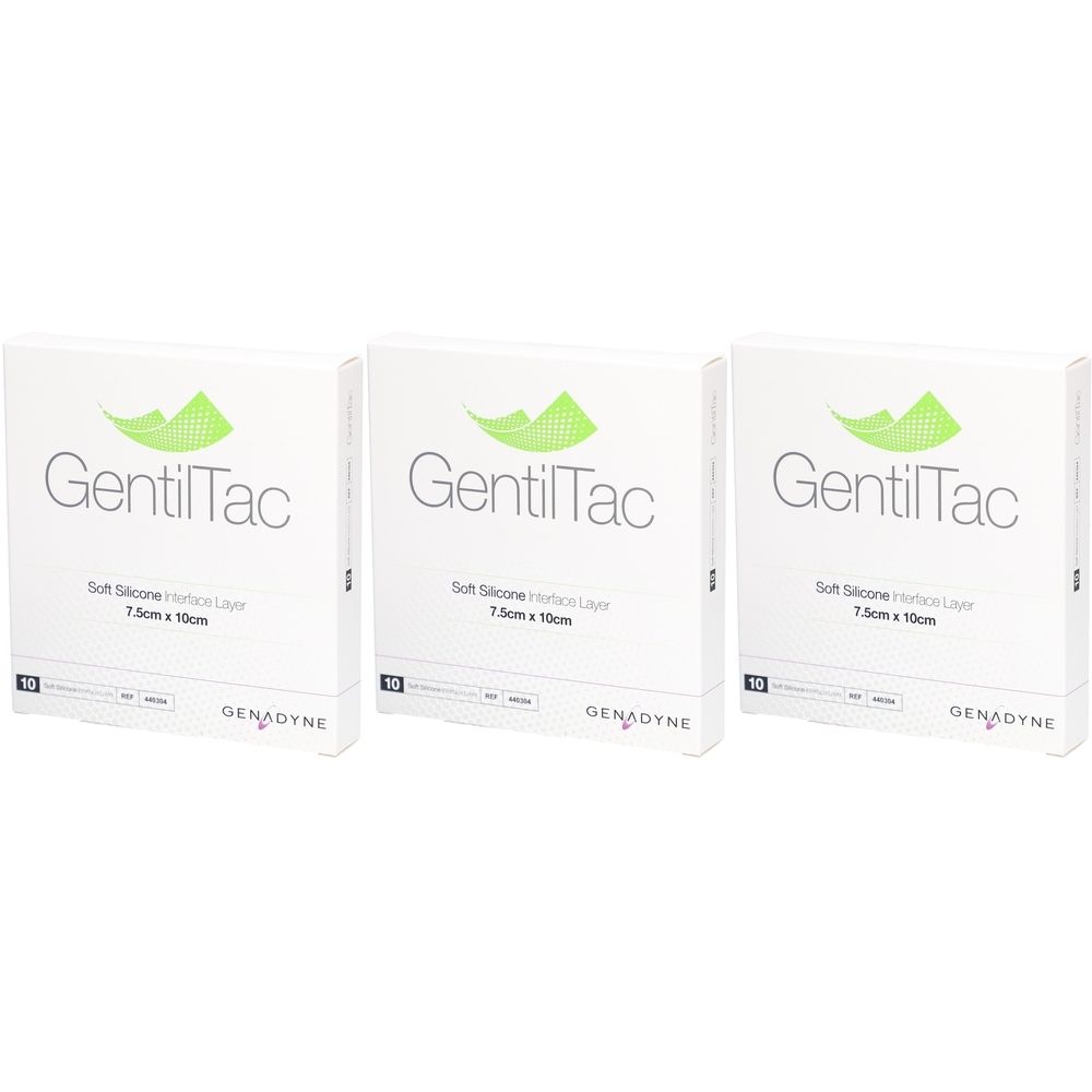 Drei weiße Kartons mit der Aufschrift "GentilTac". Darunter steht "Soft Silicone Interface Layer 7.5cm x 10cm".