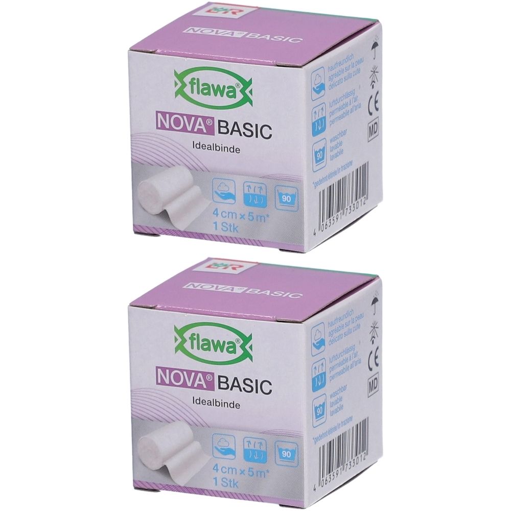 Deux boîtes de bandage FLAWA Nova Basic. Inscription : 4 cm x 5 m, 1 pièce. Avec marquage CE.
