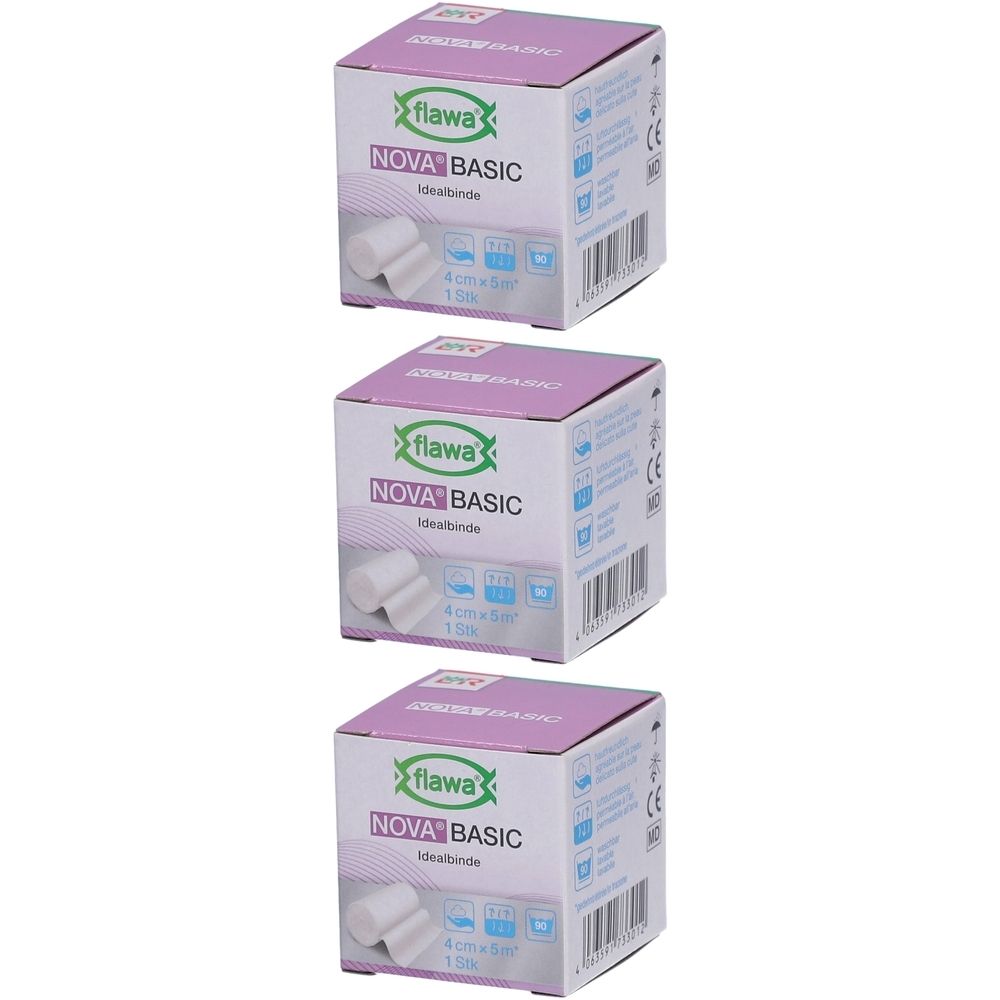 Trois boîtes de bandage idéal FLAWA Nova Basic. Impression : 4 cm x 5 m, 1 pièce. Emballage violet et blanc avec logo et texte.