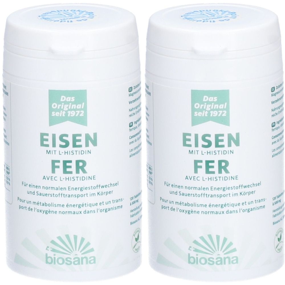 Zwei weiße Tablettenbehälter. Aufschrift: EISEN MIT L-HISTIDIN FER. Marke: biosana. "Das Original seit 1972".