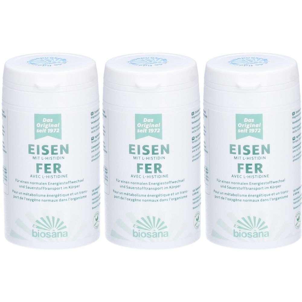 Drei weiße Dosen mit dem Aufdruck "EISEN MIT L-HISTIDIN FER". Das Logo "biosana" ist sichtbar. Aufschrift "Das Original seit 1972".