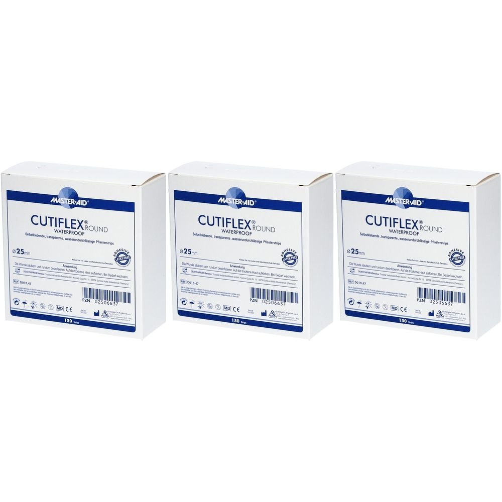 Drei weiße Kartons mit blauer Aufschrift. Aufschrift: CUTIFLEX Round, waterproof. Jede Box enthält 150 Pflaster.