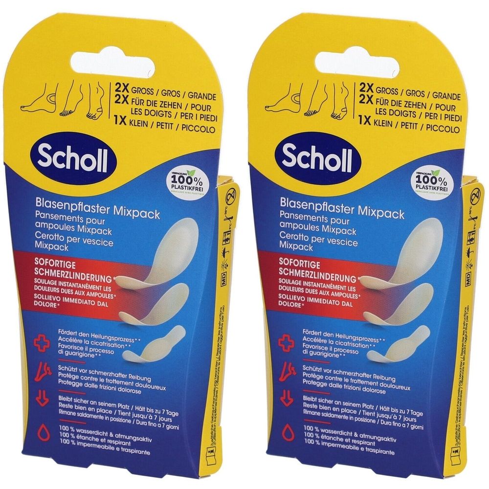 Zwei Packungen Scholl Blasenpflaster Mixpack. Gelbe Verpackung mit Produktabbildung und Schriftzug. Enthält Pflaster für Zehen und Füße.