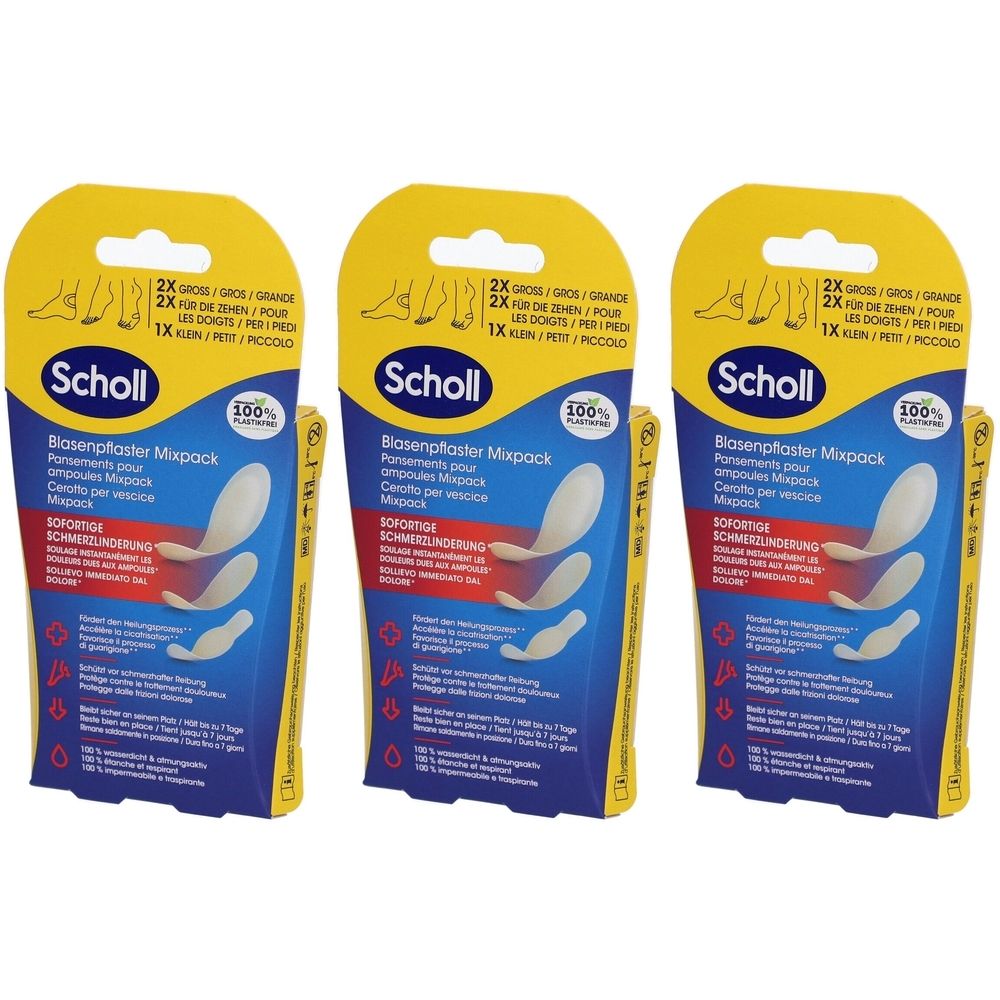 Drei Scholl Blasenpflaster Mixpack-Verpackungen. Jede Packung zeigt Pflasterformen und Produktinformationen. Gelb-blaue Verpackung.