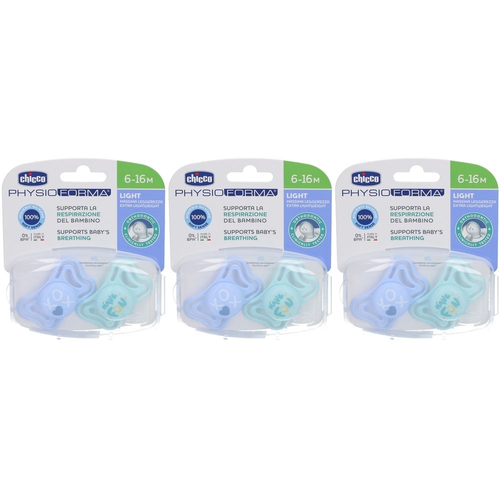 Drei Packungen Schnuller. Jede Packung enthält zwei Schnuller in Blau und Mintgrün. Auf der Verpackung steht "PHYSIOFORMA LIGHT".