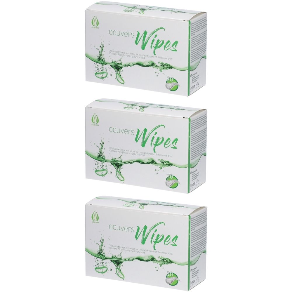 Drei Schachteln mit dem Produktnamen "Wipes". Aufschrift "ocuvers" und grüne Grafik. Weiße Verpackung mit grüner Schrift.