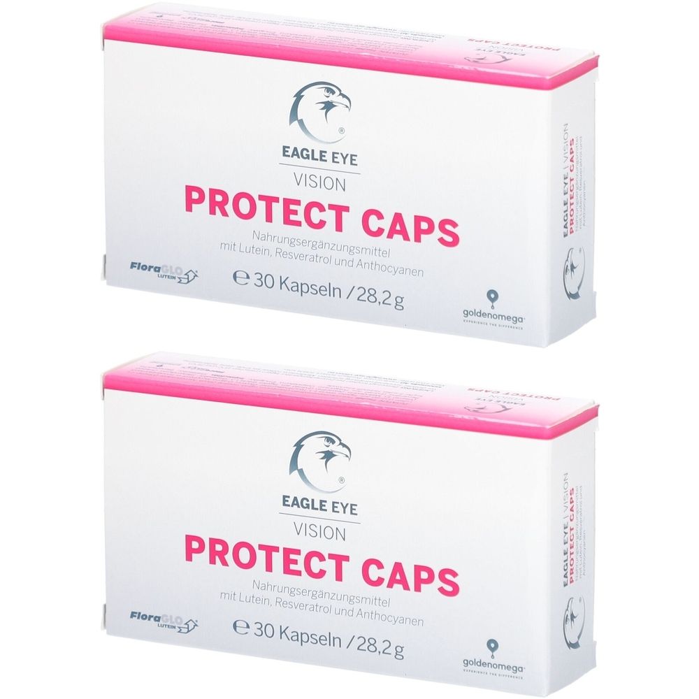 Zwei Schachteln mit „EAGLE EYE VISION PROTECT CAPS“. Rosa Schrift auf weißem Grund. Enthält 30 Kapseln.