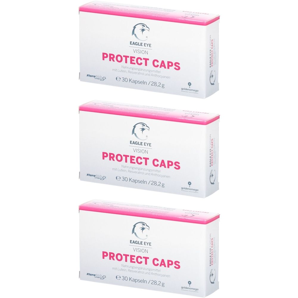 Drei Schachteln EAGLE EYE VISION PROTECT CAPS. Weiße Verpackung mit rosa Deckel und Schriftzug. Enthält 30 Kapseln.