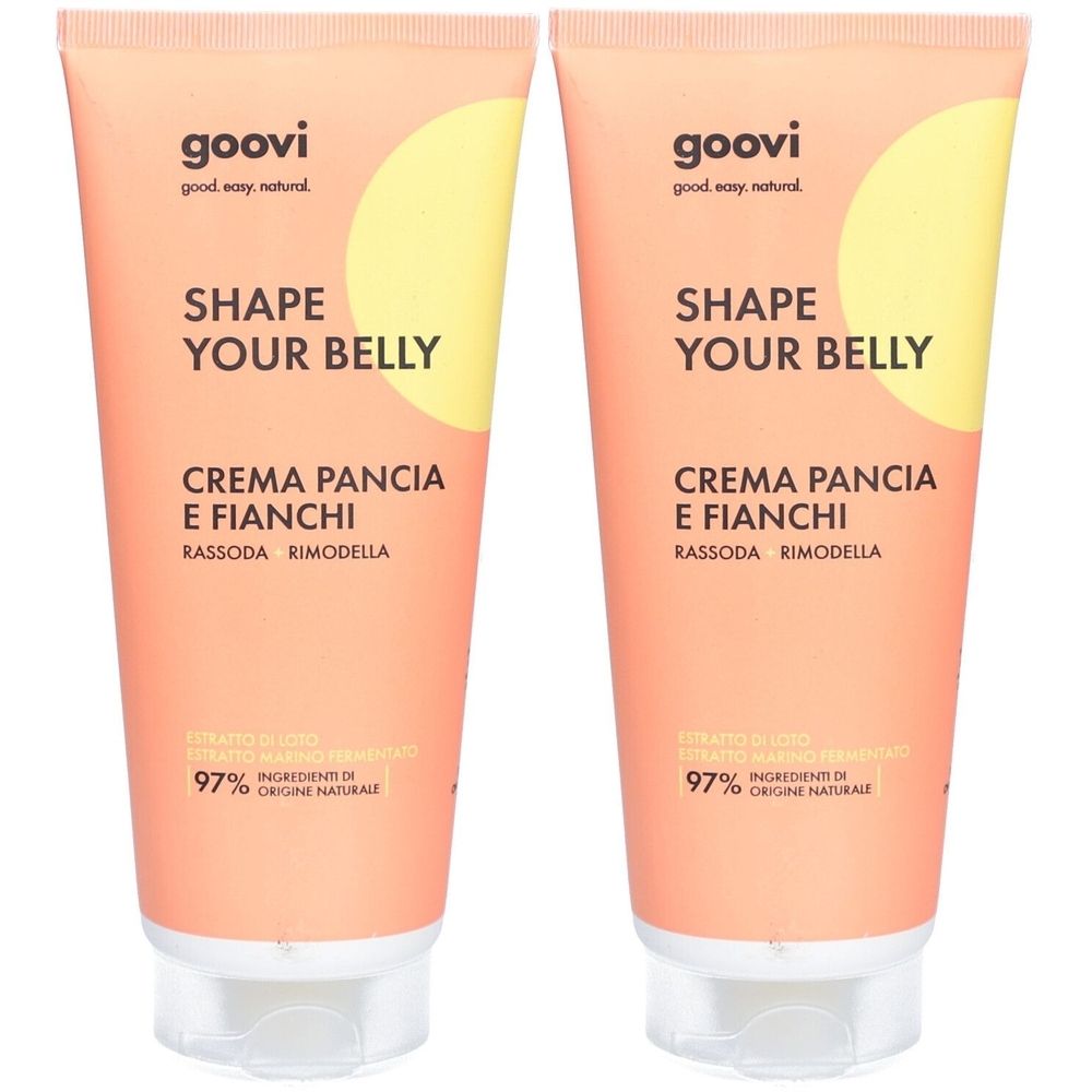 Zwei Tuben GOOVI Creme. Aufschrift: Shape Your Belly, Crema Pancia E Fianchi. 97% Inhaltsstoffe natürlichen Ursprungs.