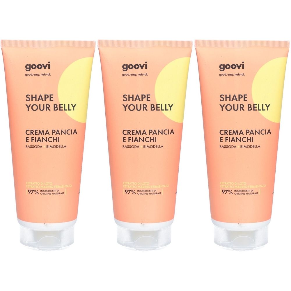 Drei Tuben GOOVI-Creme. Aufschrift: SHAPE YOUR BELLY, CREMA PANCIA E FIANCHI. 97% Inhaltsstoffe natürlichen Ursprungs. Rosa-gelbe Verpackung.