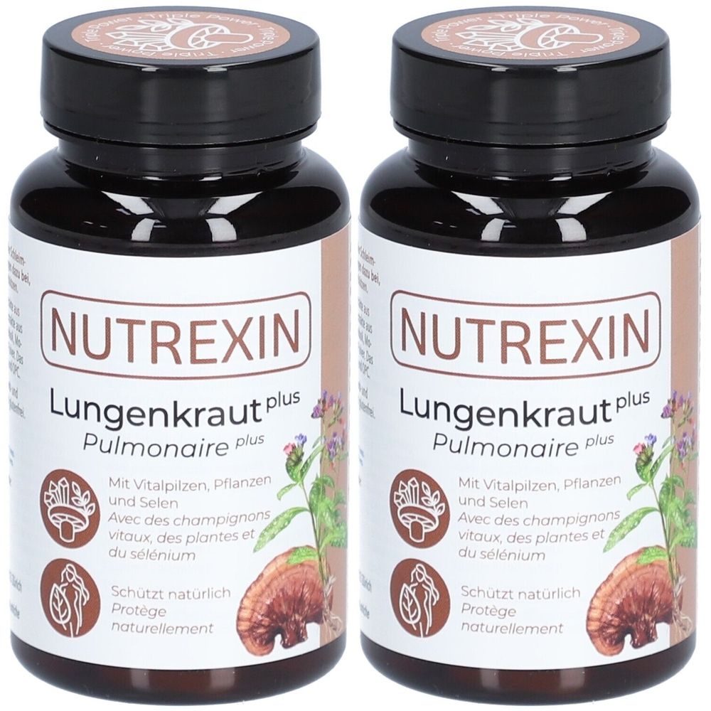 Zwei Flaschen NUTREXIN Lungenkraut plus. Braune Flaschen mit weißen Etiketten. Text: NUTREXIN, Lungenkraut plus, Pulmonaire plus. Mit Vitalpilzen, Pflanzen und Selen.