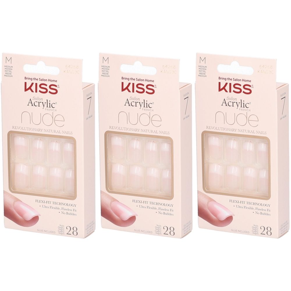 Drei Packungen KISS Salon Acrylic Nude Nägel. Jede Packung enthält 28 Nägel. Aufschrift: Acrylic Nude.
