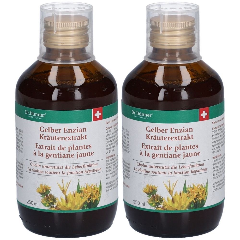 Zwei Flaschen mit brauner Flüssigkeit. Etikett mit Text: Gelber Enzian Kräuterextrakt, Dr. Dünner. Schweizer Kreuz.