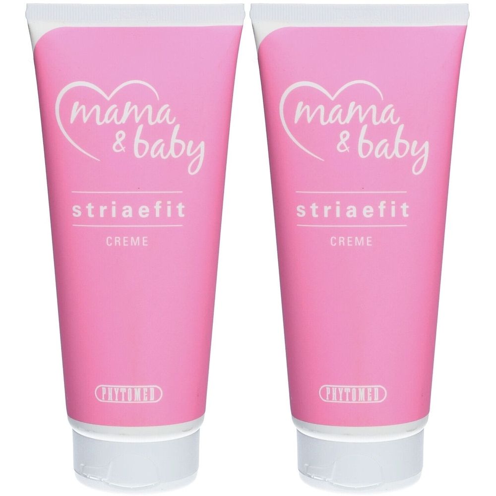 Deux tubes roses avec bouchons blancs. Inscription: Mama & Baby, striaefit CREME. Logo en bas.