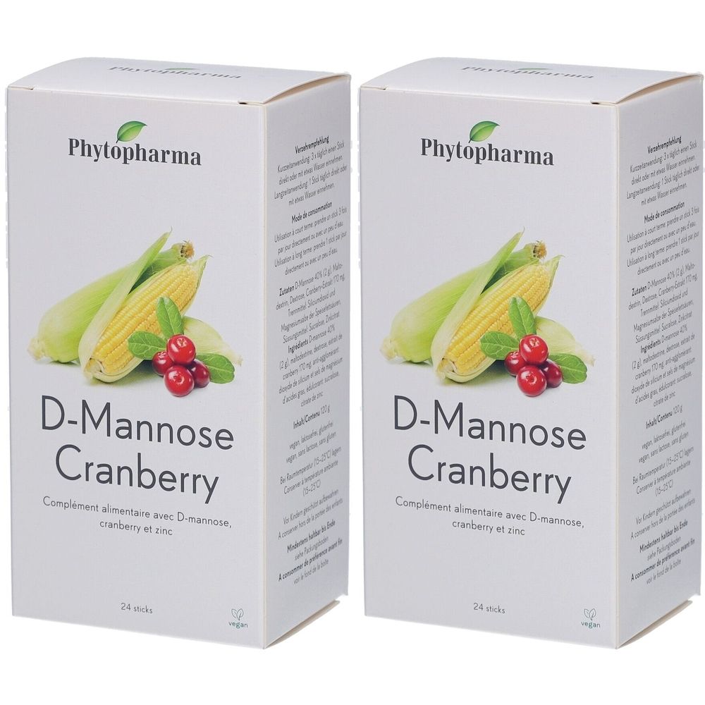 Deux boîtes blanches avec illustration et texte. Inscription: D-Mannose Cranberry. Marque: Phytopharma.