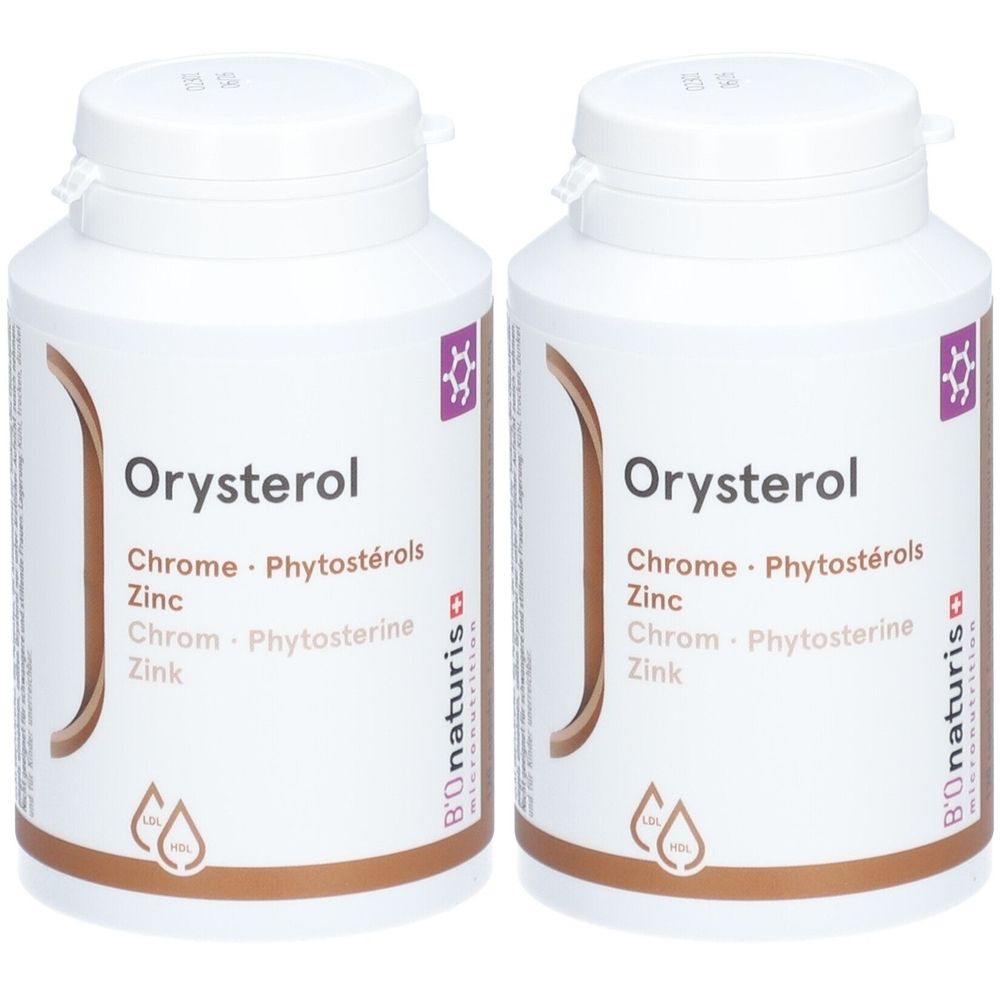 Zwei weiße Flaschen mit Schraubverschluss. Aufschrift: Orysterol, Chrome, Phytostérols, Zinc, Chrom, Phytosterine, Zink. Marke: B'onaturis.