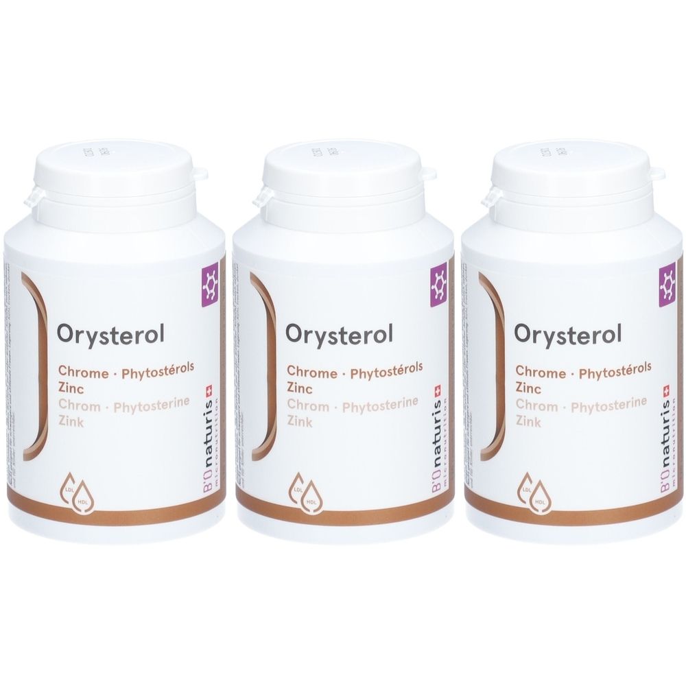 Drei weiße Flaschen mit dem Aufdruck "Orysterol". Aufschrift: Chrome, Phytosterole, Zink. Marke: Bionaturis.