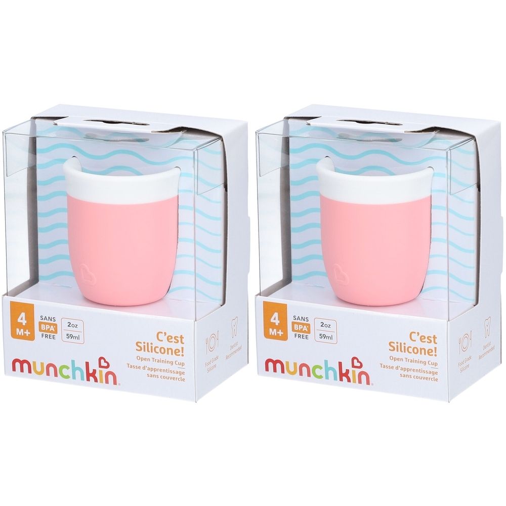 Zwei rosa Trinklernbecher in Verpackung. Marke: munchkin. Aufschrift: C'est Silicone! BPA-frei.