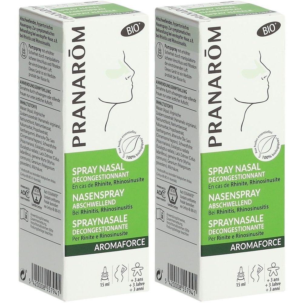Deux boîtes vertes et blanches. Inscription: PRANAROM, Spray Nasal Décongestionnant, Nasenspray abschwellend, Spraynasale. Avec label Bio.