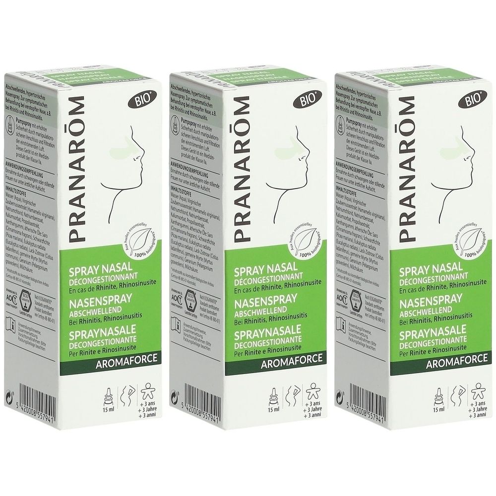 Drei Schachteln mit Nasenspray. Aufschrift: PRANAROM, BIO, Spray Nasal, Abschwellend, Aromaforce. Grün-weiße Verpackung mit Profilzeichnung.