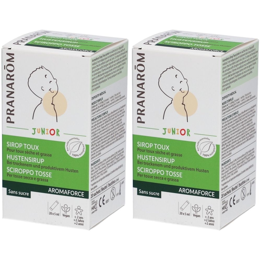 Deux boîtes blanches avec texte vert et noir. Inscription: Pranarom Junior Sirop Toux. Illustration d'un enfant.
