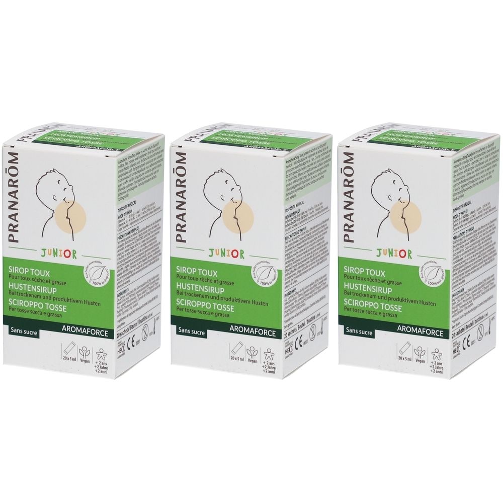 Trois boîtes rectangulaires. Impression: Pranarom Junior Sirop toux. Emballage vert et blanc avec illustration d'un enfant.