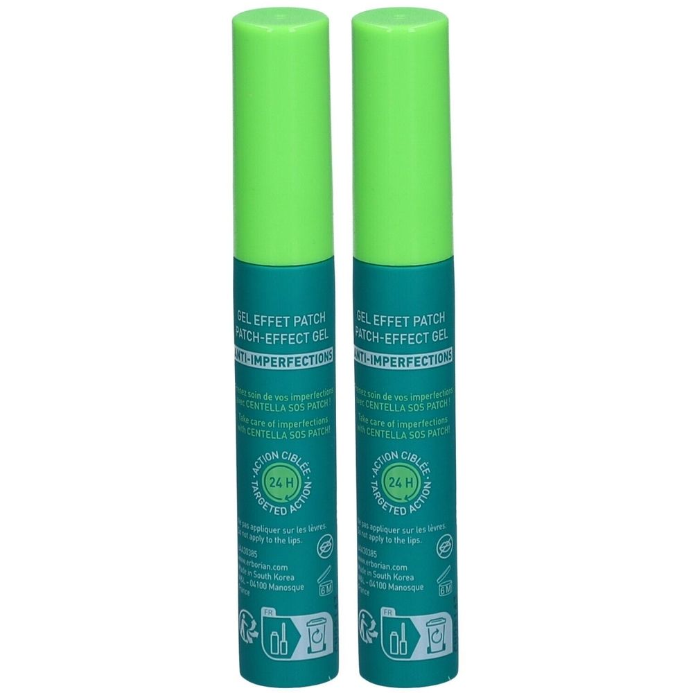 Zwei grüne Tuben mit grünem Deckel. Aufschrift: GEL EFFET PATCH, ANTI-IMPERFECTIONS, CENTELLA SOS PATCH. Mit 24H-Symbol.