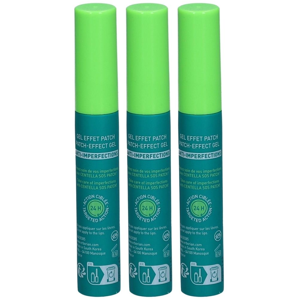 Drei Tuben mit grünem Deckel und türkisfarbenem Etikett. Aufschrift: Gel Effet Patch Anti-Imperfections. Mit 24H Targeted Action.