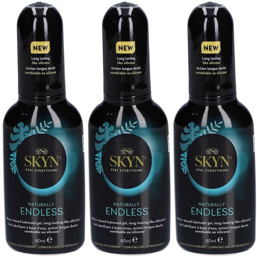 Drei Flaschen mit schwarzem Deckel. Aufschrift: SKYN, NATURALLY ENDLESS. Mit Aufkleber: NEW. 80ml.
