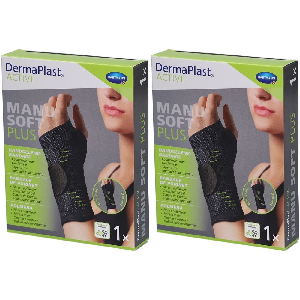 Zwei Packungen DermaPlast ACTIVE Manu Soft Plus Handgelenkbandage. Schwarze Bandage auf der Verpackung abgebildet. 1 Stück.