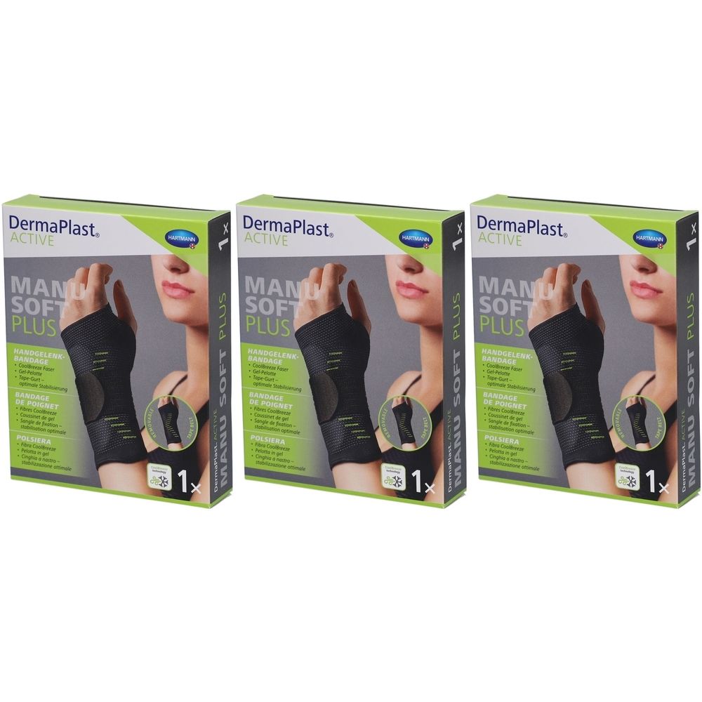 Drei Verpackungen der Handgelenkbandage. Aufdruck: DermaPlast ACTIVE MANU SOFT PLUS. Abbildung einer Handgelenkbandage.