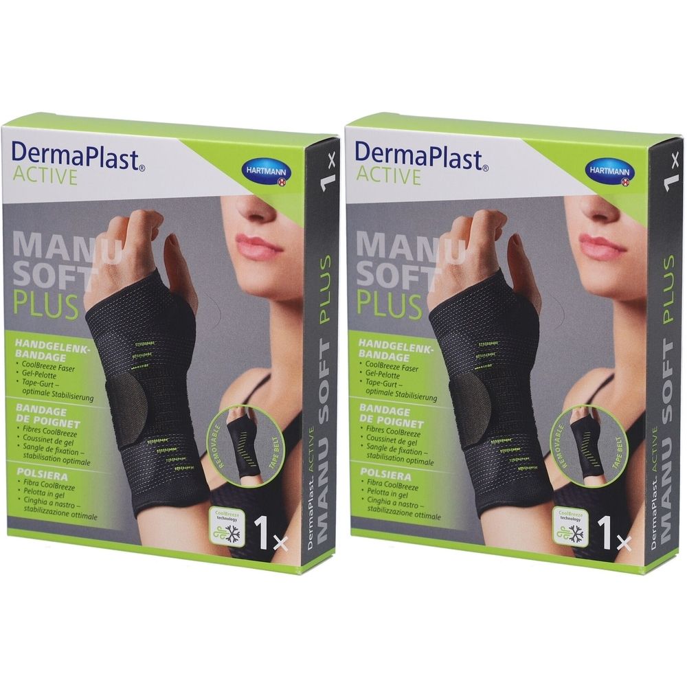 Zwei Packungen DermaPlast Active Manu Soft Plus Handgelenkbandage. Schwarze Bandage mit grünen Akzenten, auf Karton abgebildet.