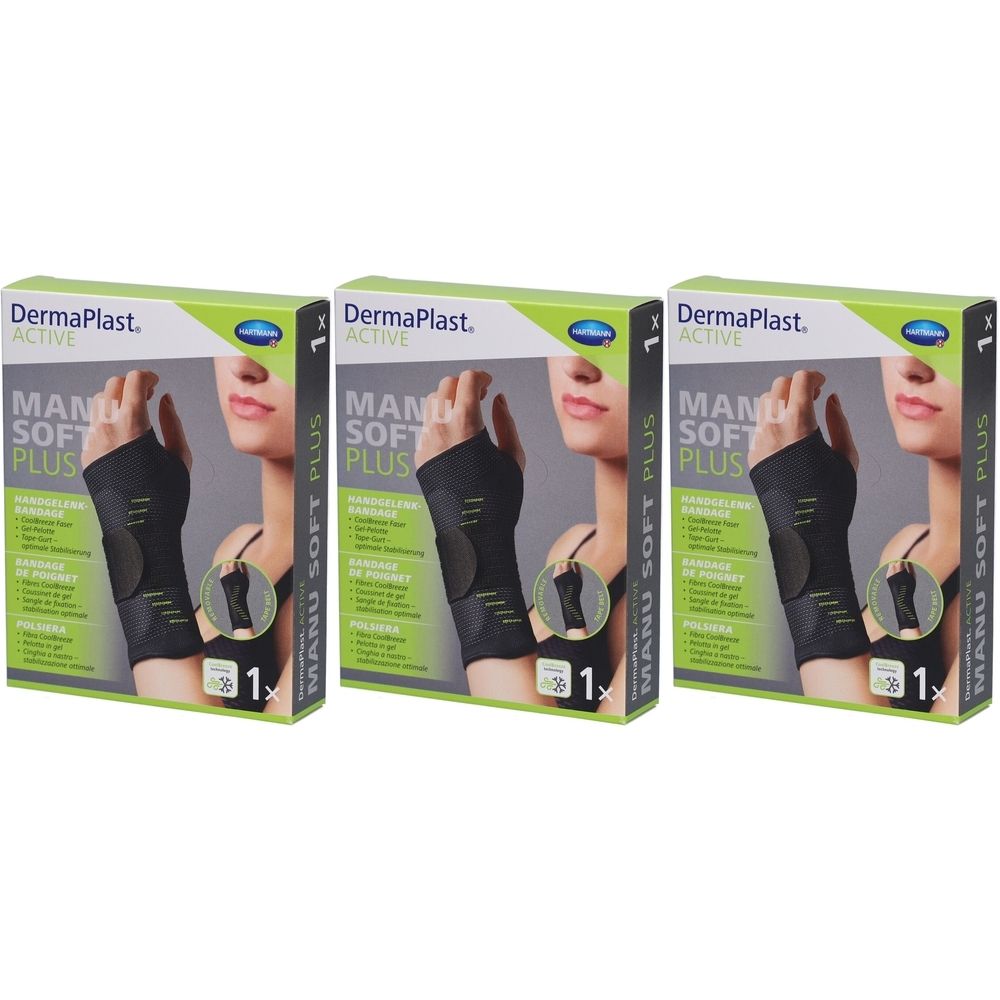 Drei Verpackungen von DermaPlast Active Manu Soft Plus Handgelenkbandage. Schwarze Bandage auf der Verpackung abgebildet.