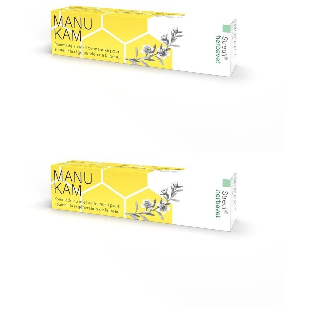 Verpackung mit gelbem und weißem Design. Aufschrift: MANUKAM, Text und Logo von Streuli herbavet. Zwei Packungen nebeneinander.