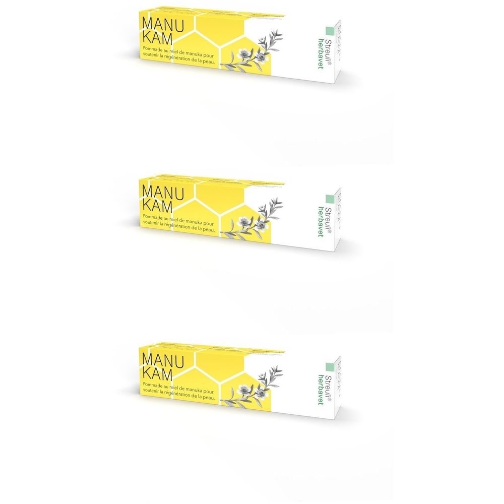 Drei Tuben. Gelb-weiße Verpackung mit Schriftzug MANUKAM. Aufschrift: Streuli Herbavet. Abgebildet sind Honigwaben und Zweige.
