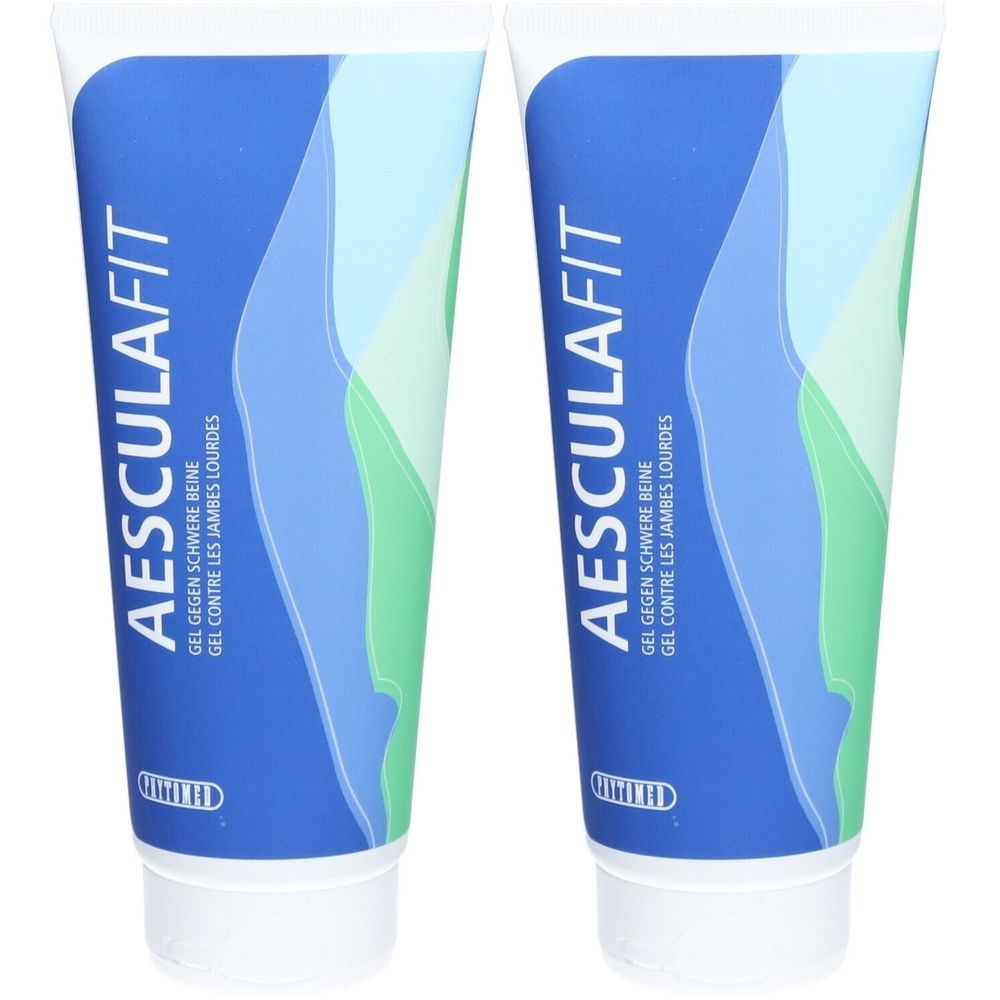 Zwei Tuben Aesculafit-Gel. Blaue und weiße Verpackung mit Produktnamen und Text in Deutsch und Französisch. Weiße Kappe.