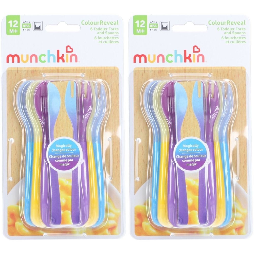 Zwei Packungen Gabeln und Löffel. Mehrfarbig, in Kunststoffverpackung. Marke: munchkin. Text: ColourReveal, 12M+.