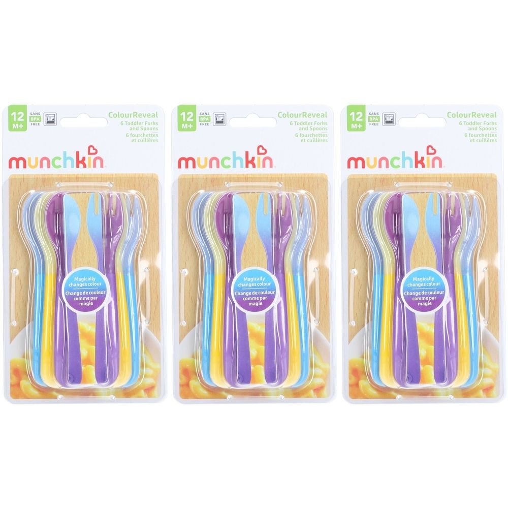 Trois paquets MUNCHKIN® ColourReveal. Chaque paquet contient 6 fourchettes et cuillères. Couleurs : bleu, jaune, violet.