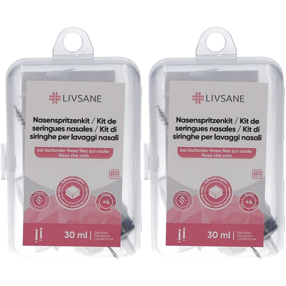 Zwei transparente Kunststoffboxen mit Nasenspritzenkit. Aufdruck: LIVSANE, Nasenspritzenkit, 30 ml. Enthält Spritzen und Zubehör.